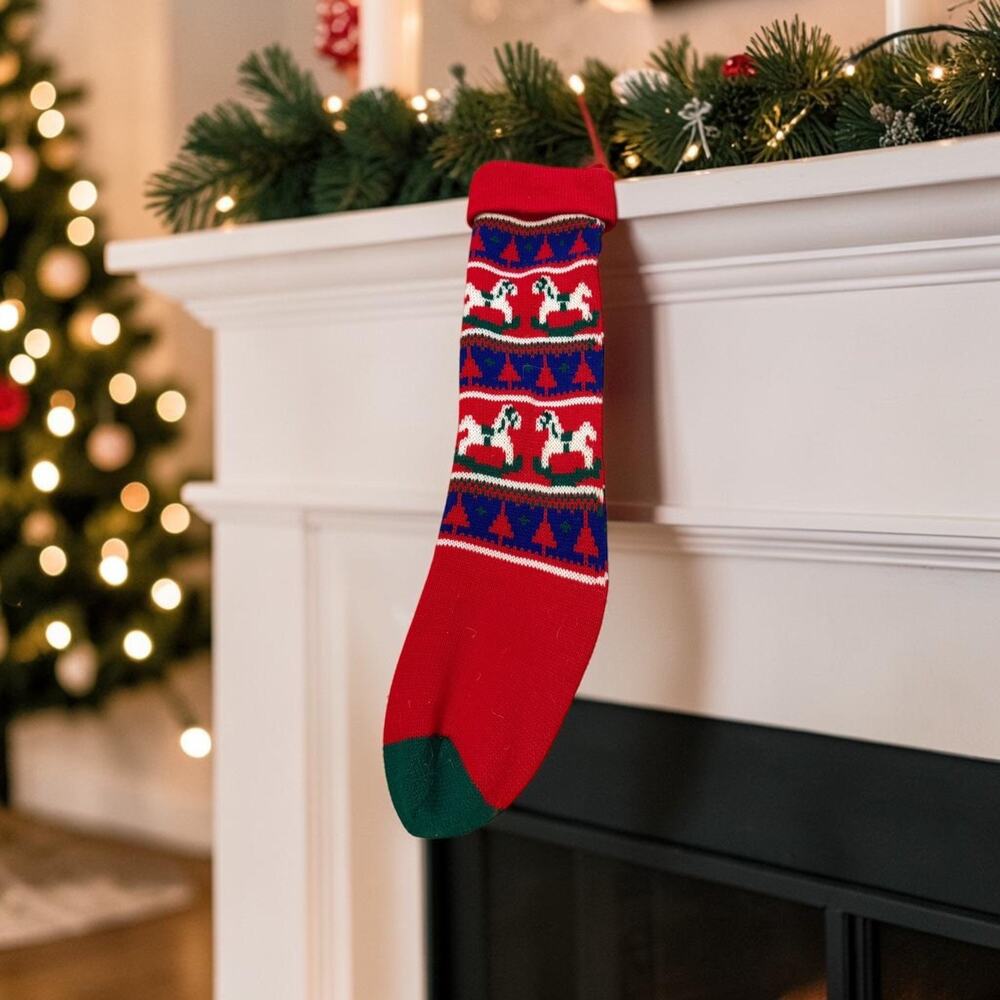 Vintage Knit Fair Isle Rocking Horse Stocking Red 1980’s 4002/21